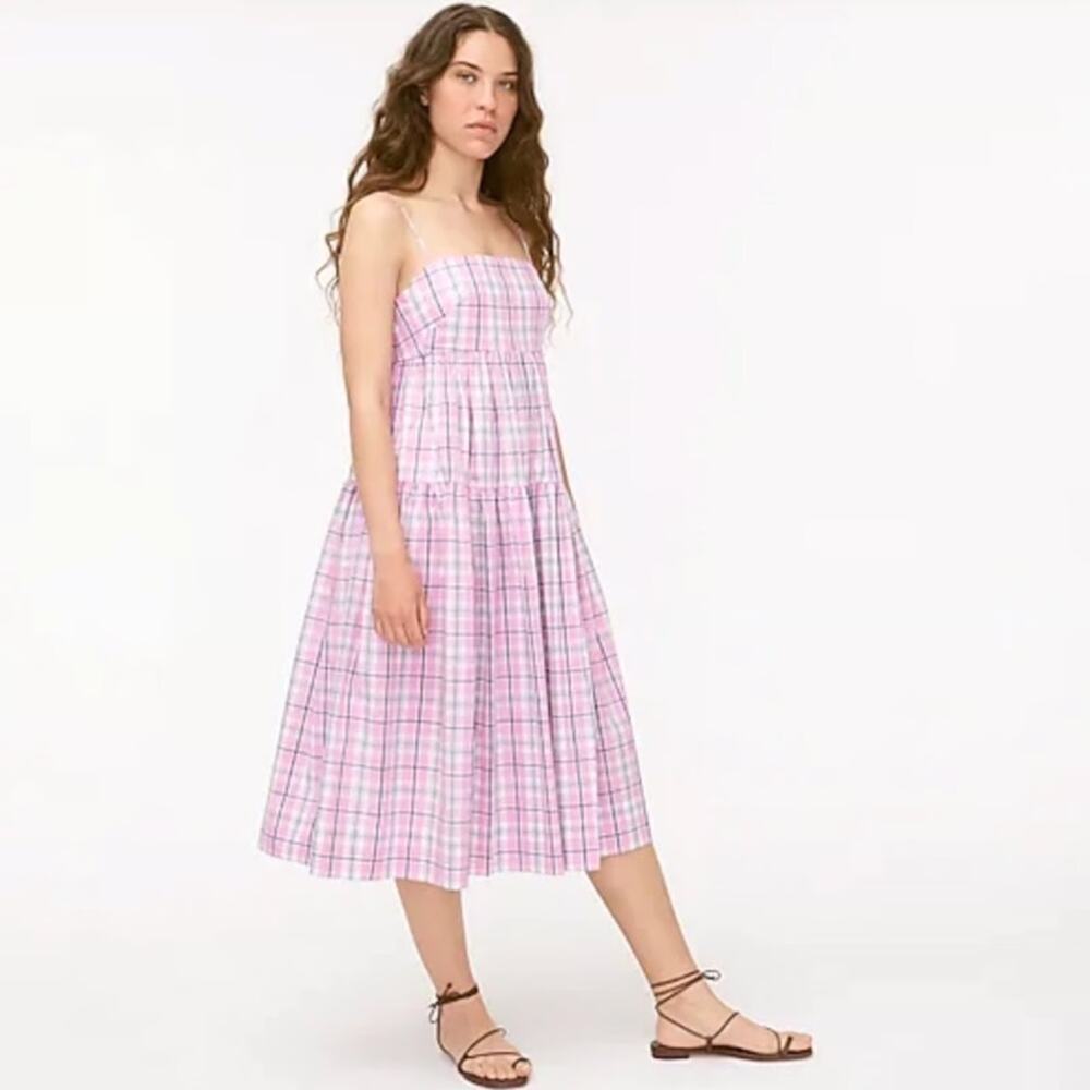 J. CREW Tiered Poplin Tie Back Mini Dress Violet Plaid 4